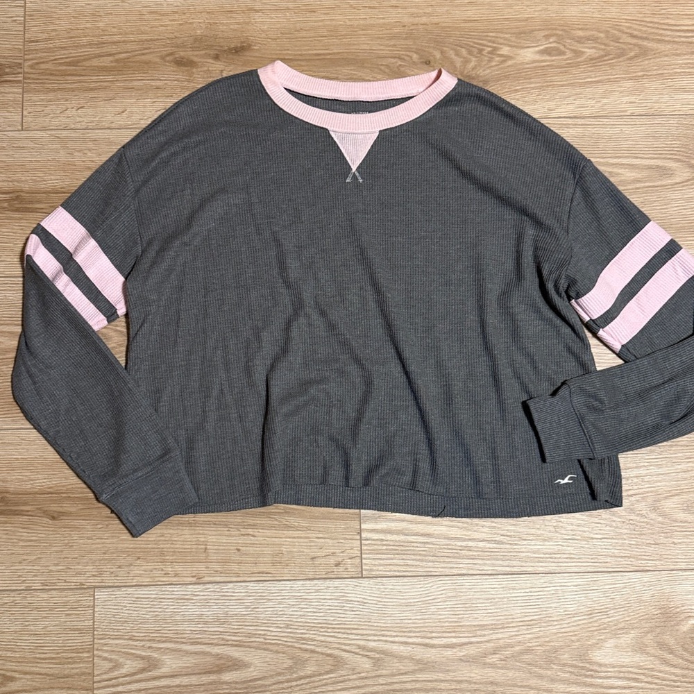 Hollister Oversized Gray and Pink Waffle thermal Must-Have Long sleeve Top